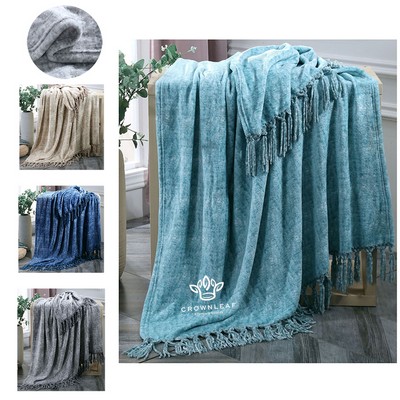 Flannel Fleece Blanket Woven Aubusson Design with Tassels Soft and Warm for Winter