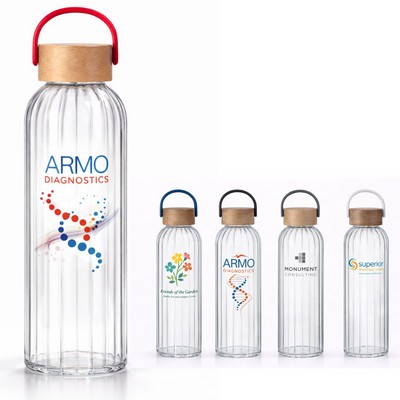 21oz Single Wall Glass Water Bottle with Inner Stripe and Bamboo Lid