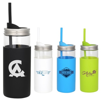 20 Oz. Galapagos Borosilicate Glass Mason Jar with Silicone Lid and Straw